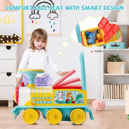 Vista 3 de GLACER Tren de paseo con 16 pistas para niños, juguete eléctrico con luces y sonidos, caja de almacenamiento debajo del asiento y pedales Azul