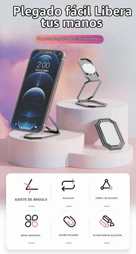 Vista 3 de Soporte de anillo para teléfono con patas plegables, soporte de dedo para celular, rotación de 360°, anillo de metal compatible con soporte Negro