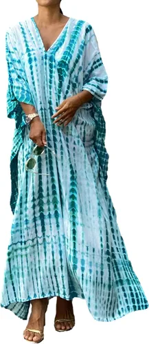 Vista 3 de RanRui - Vestido tipo caftán para mujer, de talla extragrande, con estampado de rayas, teñido anudado, cuello en V, holgado y suave
