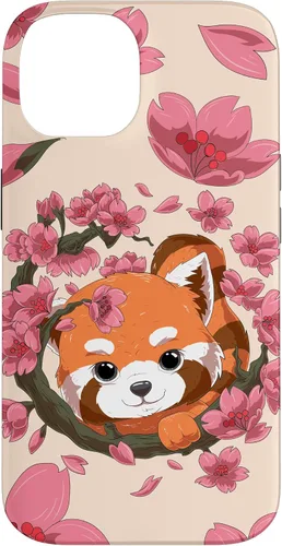 Vista 4 de Funda para iPhone 15 Pro Cute Red Panda y Sakura Cherry Blossom