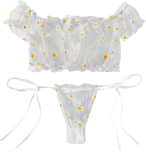 Vista 2 de LYANER Bonito conjunto de lencería para mujer con volantes de malla y nudo de corbata