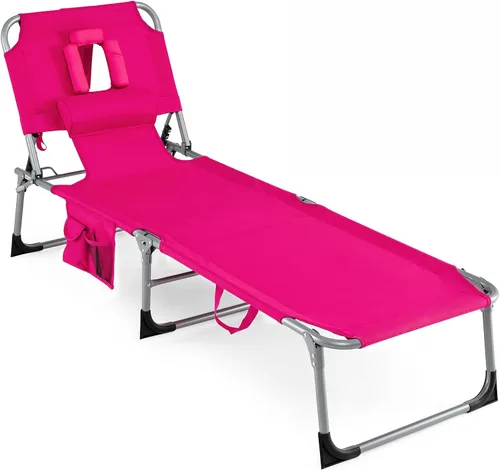 Vista 23 de COSTWAY Silla de salón plegable de playa, silla de bronceado con agujero para la cara, respaldo ajustable de 5 posiciones, almohada y bolsillo