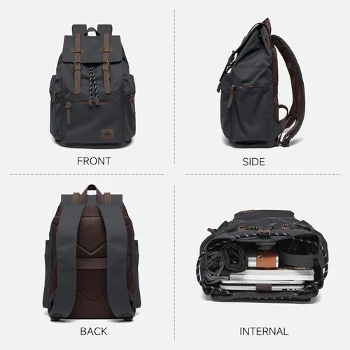Vista 2 de MOYYI Mochila de lona para hombre para laptop de 13 a 17.3 pulgadas, mochila vintage duradera con ribete de cuero para uso diario, universidad