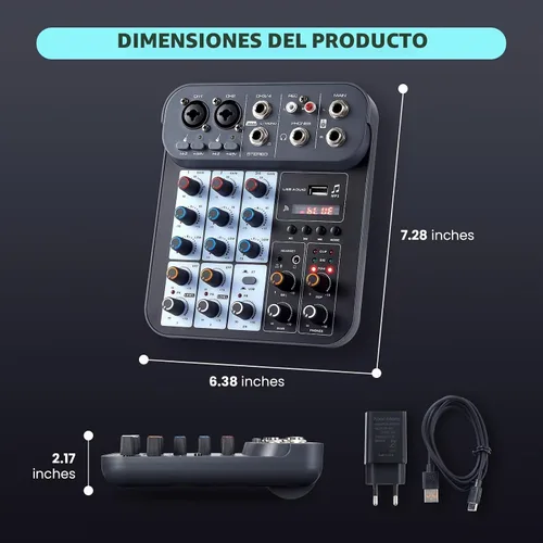 Vista 8 de Mezclador de audio DJ de 4 canales, mezcladores de sonido, placa de mezcla de sonido XLR 1/4" de interfaz, entrada BT USB MP3 para computadora