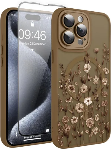 Vista 70 de Magnético para iPhone 13 con protector de pantalla [Compatible con MagSafe] Diseño de patrón floral de flores bonitas, funda delgada a prueba