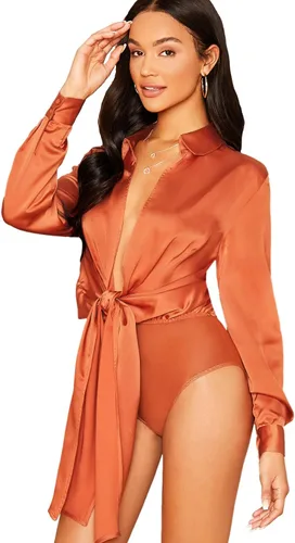 Vista 2 de SheIn Blusa sexy de manga larga con lazo para mujer