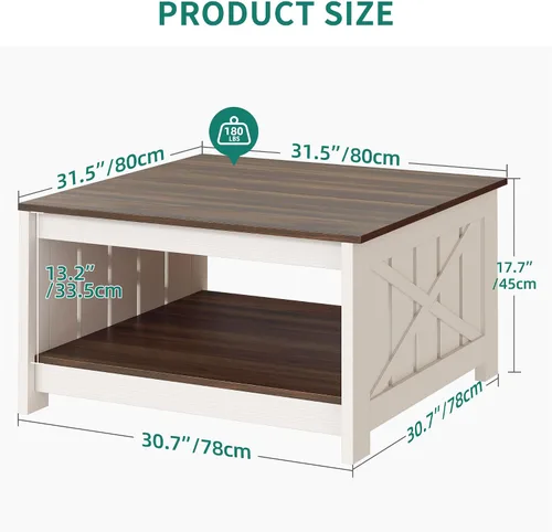 Vista 2 de Mesa de café Mesa de café de casa de campo con almacenamiento Mesa de cóctel de madera rústica, mesas de café cuadradas para sala de estar Sala