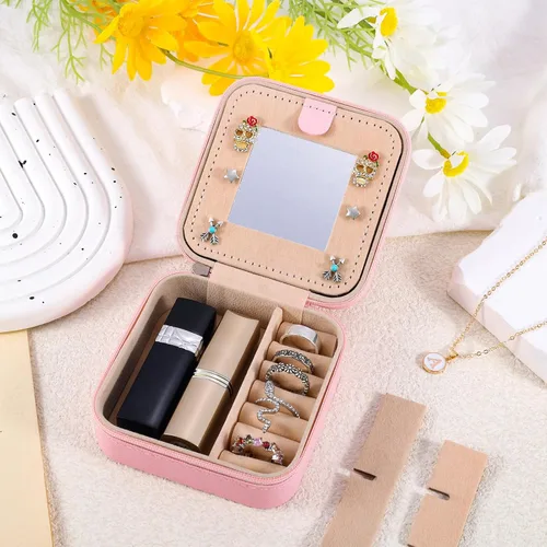 Vista 6 de URSKYTOUS Joyero de viaje con inicial, pequeño organizador de joyas, color rosa, portátil, personalizado, para adolescentes, niñas, mujeres, regalo