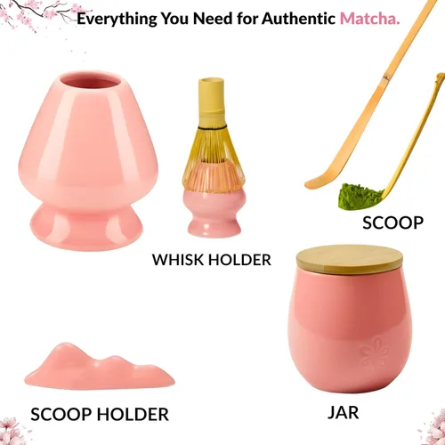 Vista 8 de Juego de batidor Matcha – Kit de inicio de matcha tradicional japonés con cuenco, batidor de bambú y tamiz Juego completo de ceremonia de té Rosa