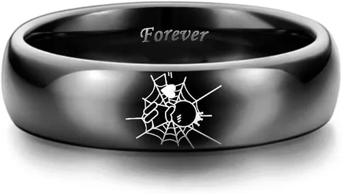 Vista 3 de XAHH Anillo de acero inoxidable para parejas, diseño de Spiderman, con texto en inglés "Captured by Your Love Forever Togethers