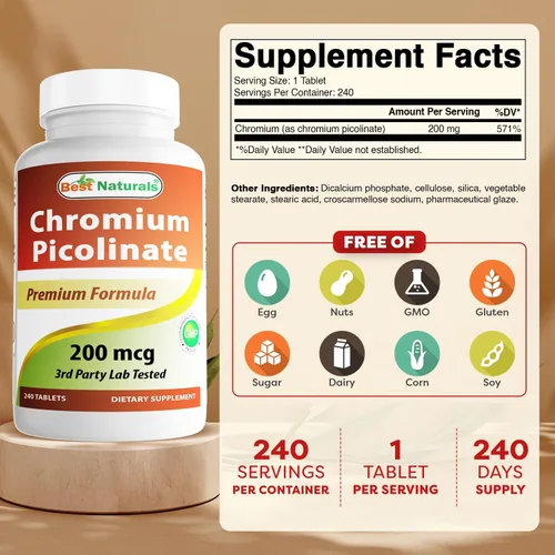 Vista 2 de Best Naturals Tableta de picolinato de cromo, 200 mcg, 240
