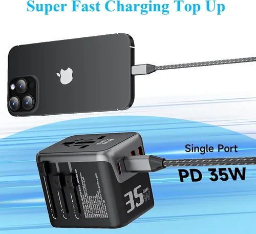 Vista 8 de Minthouz Adaptador de viaje universal, adaptador de corriente internacional de 35 W, cargador rápido GaN PD con 2 puertos USB-C PD y 2 puertos