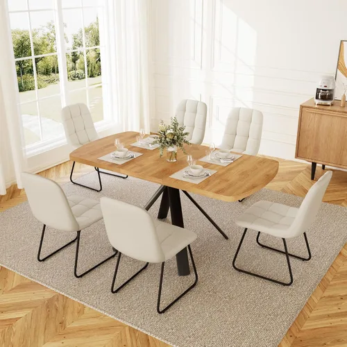 Vista 16 de HIPIHOM Mesa de comedor extensible para 4-6 personas, mesa rectangular de madera MDF de 47.2 a 63 pulgadas, estilo rústico de granja, diseño que