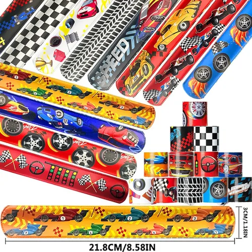 Vista 4 de CZWXOXO 24 Piezas Decoraciones de Fiesta de Coches de Carreras Favores Pulsera de Carreras Pulseras de Carreras Pulseras de Palmada a Cuadros
