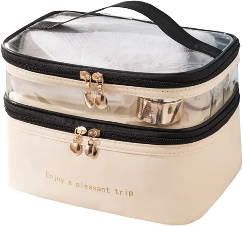 Vista 6 de Bolsa de maquillaje de viaje, impermeable, doble capa, bolsa de cosméticos, bolsa de almacenamiento de gran capacidad para viajar (negro)