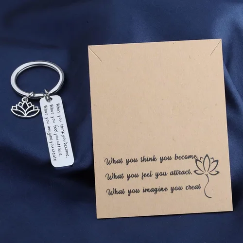 Vista 5 de WUSUANED Regalos budistas con citas espirituales, llavero con tarjeta, con texto en inglés "What You Think You Become Buddha", joyería inspiradora