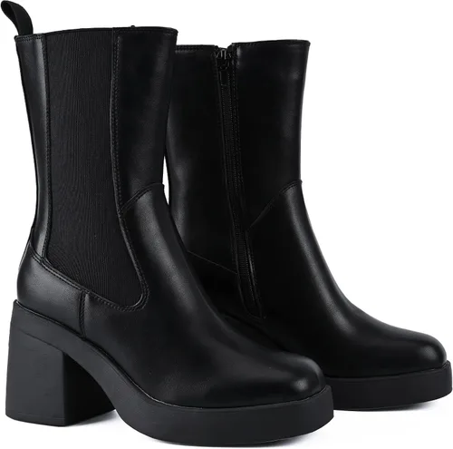 Vista 2 de Peach Ting Women's Chelsea Boot Fashion Chunky Platform Slip On Heel Mid Calf Black Audi1