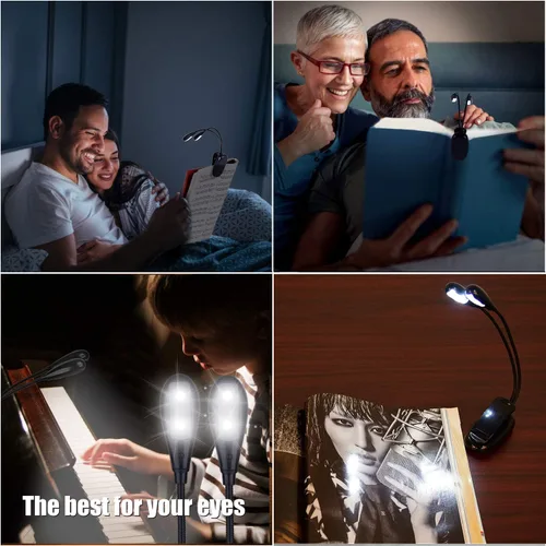 Vista 7 de Luz de soporte de música, paquete de 1/2/4/10 luces LED de libro, funciona con batería USB y AAA, lámpara de lectura en la cama, 4 niveles