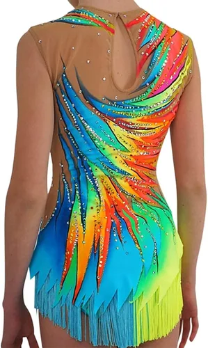 Vista 2 de LIUHUO Leotardos de gimnasia rítmica para mujer, con borlas de diamantes coloridos, para competición