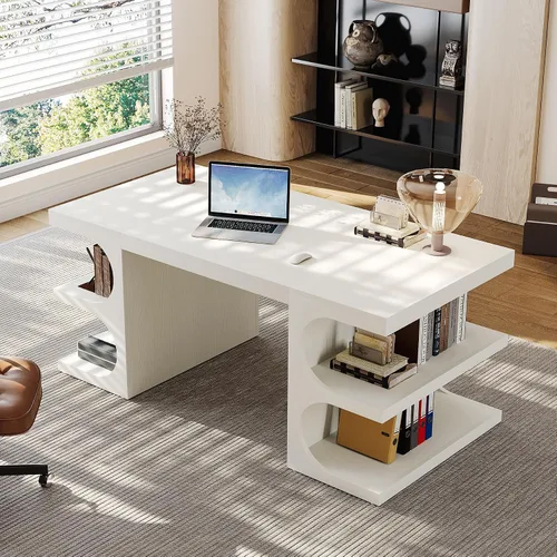 Vista 8 de Tribesigns Escritorio de oficina ejecutivo blanco, escritorio de computadora de 63 pulgadas con estantes de almacenamiento, mesa de estudio