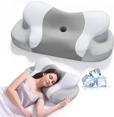 Vista 8 de Almohada cervical para aliviar el dolor de cuello y hombros, almohadas ergonómicas de espuma viscoelástica con funda de seda de hielo transpirable