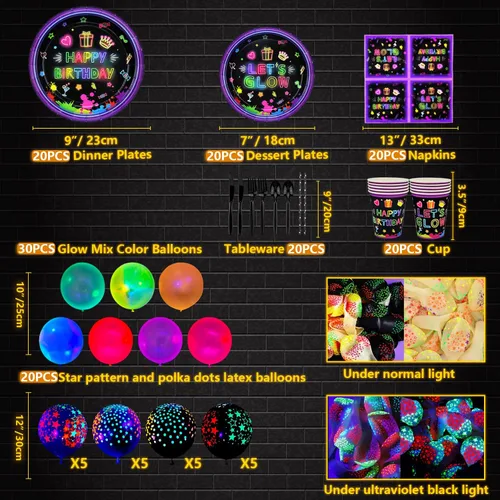 Vista 7 de Paquete de 247 suministros de fiesta de neón que brillan en la oscuridad, decoraciones de fiesta con luz negra, platos, pancartas de luz negra