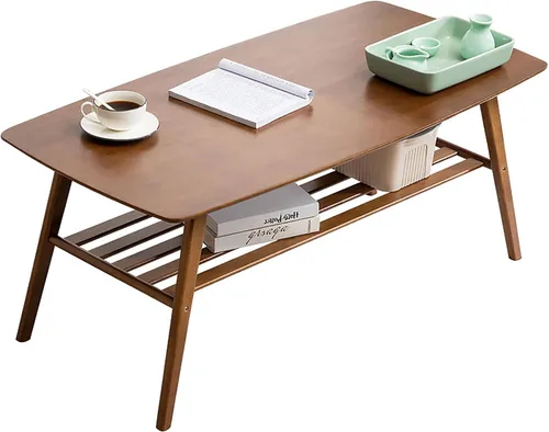 Vista 8 de HM&DX Mesa auxiliar de bambú, mesa auxiliar rectangular con estante abierto de almacenamiento, mesa de centro de 2 niveles, mesa central de mediados