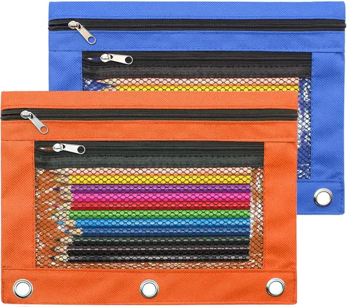 Vista 10 de Estuche para lápices de 3 anillos con cremallera, estuche de lona con 2 compartimentos (juego de 2, negro)
