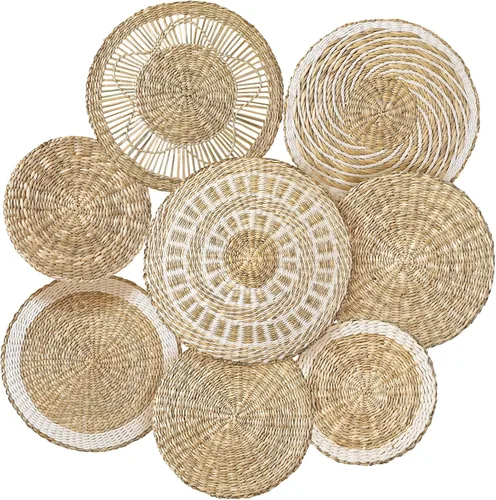 Vista 9 de Xuhal Juego de 8 cestas de pared colgantes tejidas, hechas a mano, decorativas, rústicas, estilo bohemio, cestas de pared artesanales de mimbre
