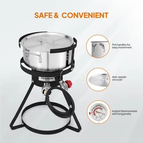 Vista 5 de ROVSUN olla para freidora de 10 cuartos con quemador de propano de 55,000 BTU, cesta colador de 6.7 cuartos, termómetro y tapa, olla de aluminio