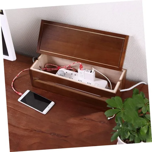 Vista 8 de Lurrose Diseño de cubo de caja de almacenamiento de cables de madera para organizar enchufes y cables Solución grande de gestión de cables marrones