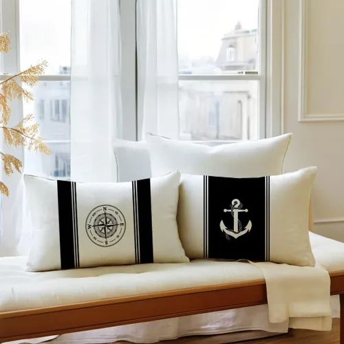 Vista 4 de 7COLORROOM Paquete de 2 fundas de almohada de vela náutica, patrón de ancla/brújula, rectangular, funda de cojín de cintura para decoración del Negro