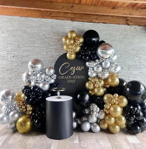 Vista 3 de Kit de arco de guirnalda de globos negros dorados plateados 144 piezas de diferentes tamaños, decoraciones para año nuevo, cumpleaños, boda