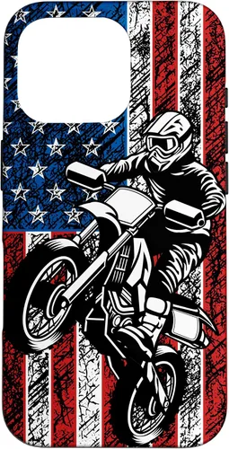 Vista 20 de Funda vintage con bandera estadounidense para iPhone 16 Motocross Dirt Bike