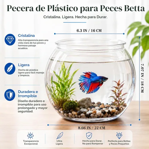Vista 2 de POPETPOP Acuario de plástico Betta Fish Tank de 1 galón transparente Goldfish Bowl irrompible redondo jarrones de pescado tazón para decoración