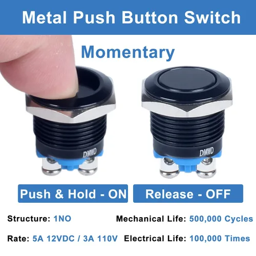 Vista 2 de Paquete de 2 interruptores de botón momentáneos de metal de 0.630 in, impermeables, IP66, terminales de tornillo antivandálicos de 12 V, 24 V, 36 V