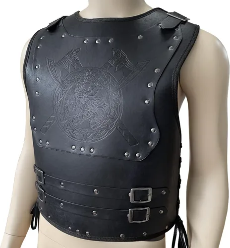 Vista 5 de HiiFeuer Viking Warrior - Armadura de pecho de piel sintética, armadura de cuero retro de caballero, armadura medieval para LARPCosplay (negro hacha)
