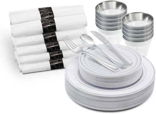 Vista 10 de Party Essentials 40 platos desechables de plástico duro de 10.25 pulgadas, vajilla divina, color blanco con banda plateada