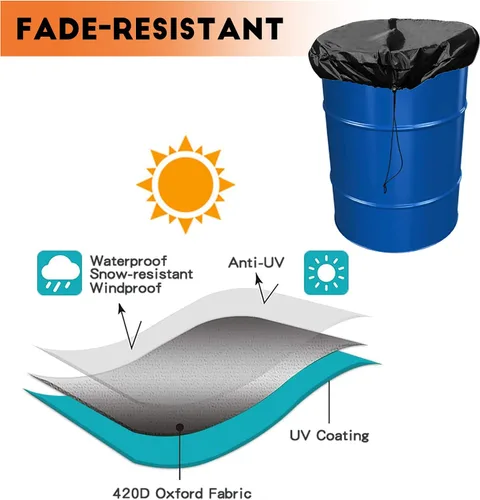 Vista 7 de Cubierta para tambor de 55 galones, paquete de 2 fundas elásticas ajustables con cordón, almacenamiento de agua para barril de lluvia universal