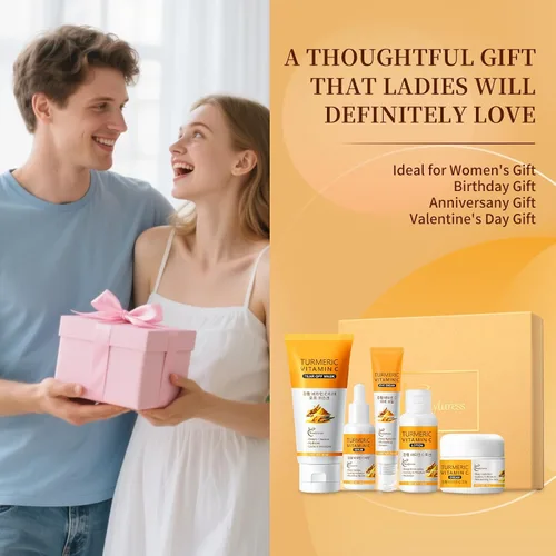 Vista 6 de Juego de cuidado de la piel de cúrcuma para mujeres, kit de cuidado facial hidratante y nutritivo con limpiador, tónico, suero, crema para ojos e