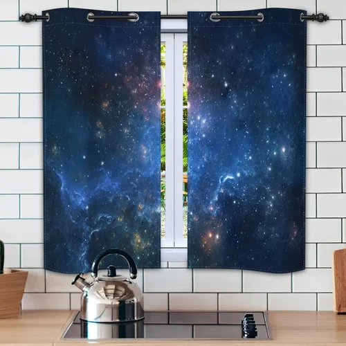 Vista 13 de Cortinas opacas de color azul marino para dormitorio de 84 pulgadas de largo con diseño de universo de dibujos animados, planeta, sala de estar