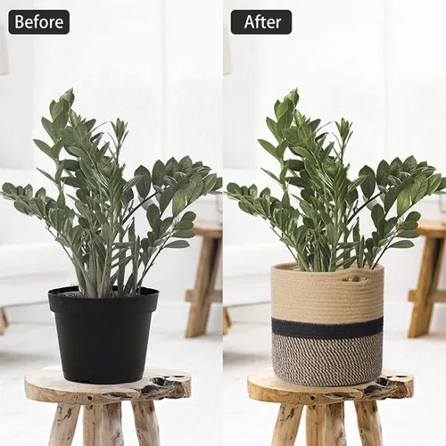 Vista 3 de Cesta tejida para macetas de interior, cesta de almacenamiento de cuerda de algodón con asa, cestas tejidas de yute para plantas de interior, maceta