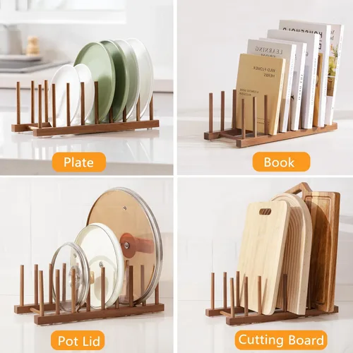 Vista 8 de HBlife - Escurreplatos de madera de acacia con organizador de tapa de olla y plato para gabinete, soporte de tabla de cortar, esculpidor