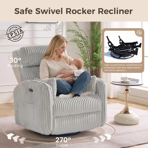 Vista 5 de Sillón reclinable giratorio eléctrico con reposacabezas ajustable, sillón Gris