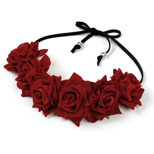 Vista 9 de WOVOWOVO Diademas florales de corona de rosas oscuras para mujer, diadema de rosas falsas rojas para festivales, Halloween, cosplay, disfraces