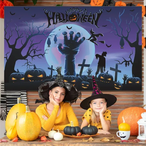 Vista 4 de Telón de fondo de Halloween de 7 x 5 pies, pancarta de fondo de noche de terror para fiesta de Halloween, calabaza, luna, rama de árbol seco