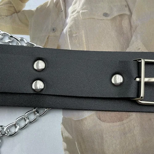 Vista 2 de Abrazaderas de cadena corporal con gargantilla ajustable de piel sintética, collar de acero inoxidable, abrazadera sin perforación, clips