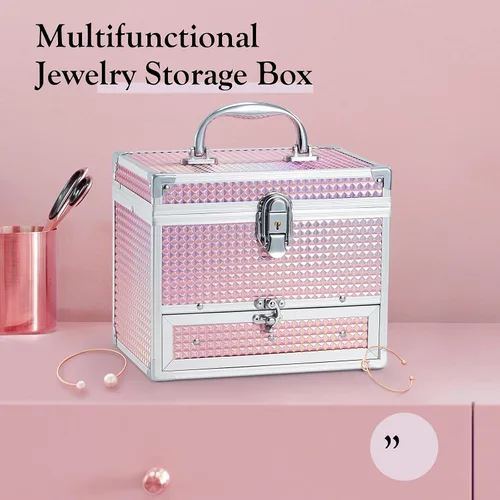 Vista 6 de Hododou Joyero organizador para niñas con cajón y espejo estuche de almacenamiento con cerradura estilo rosa brillante para niños o niñas pequeñas