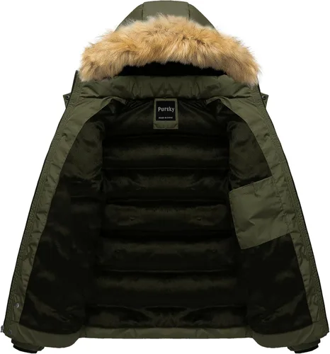 Vista 3 de Pursky Chaqueta de plumón impermeable para hombre, abrigos de invierno con capucha de piel para esquiar, parka con capucha de piel Verde militar