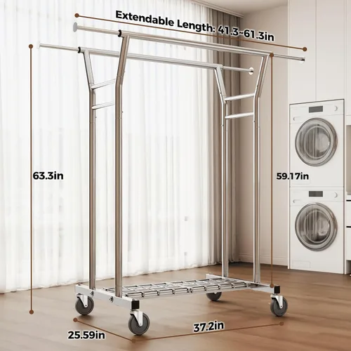 Vista 5 de HYSEYY Perchero de ropa resistente, perchero con ruedas para colgar ropa con estantes, carga de 700 libras, armario portátil con ruedas